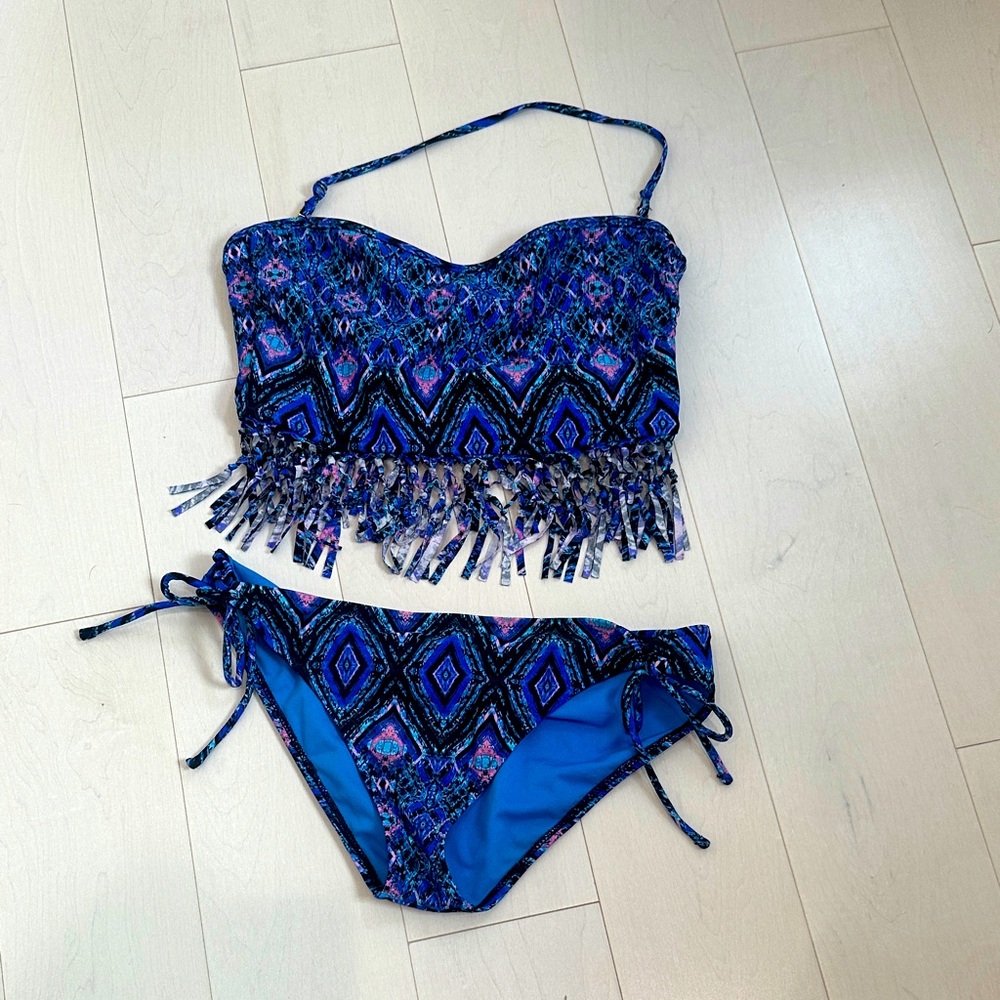 Purple Patterned Fringe Bandeau Bikini Set Aize Medium
